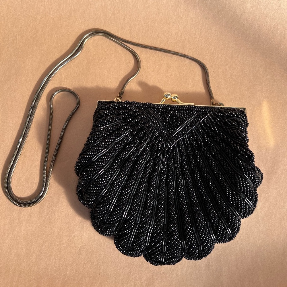 New Vintage Black Beaded Clamshell Mini Formal Purse - Picture 1 of 9
